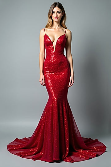 Sirène scintillante rouge spaghetti bretelles robe longue de bal